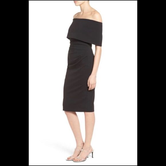 Vince camuto NWOT black fold off the shoulder midi cocktail dress - Picture 3 of 16
